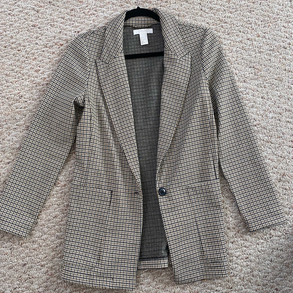 H&M Black and Cream Checked Long Blazer